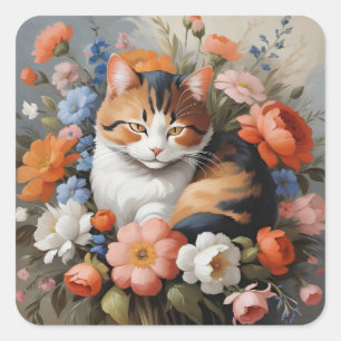 Cute calico cat and flowers square sticker