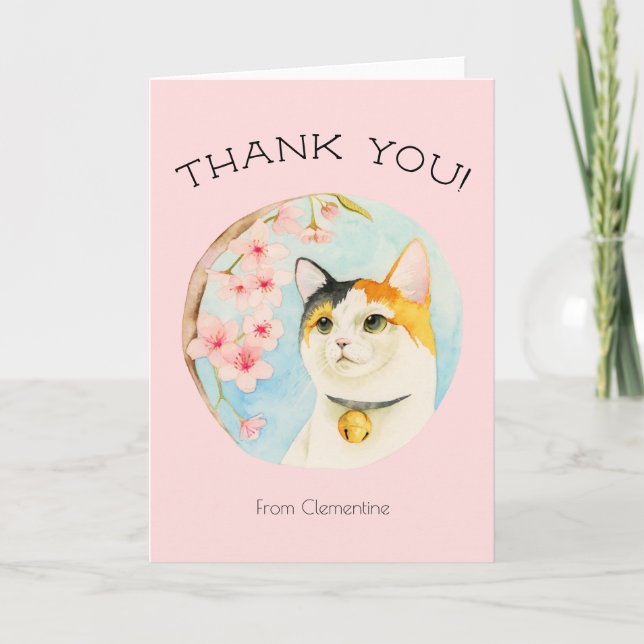 Cute Calico Cat and Pink Flowers | Thank You (Front)