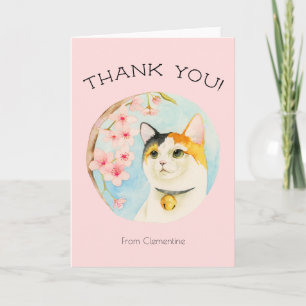 Cute Calico Cat and Pink Flowers   Thank You