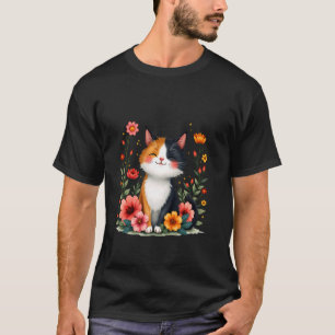 Cute Calico Cat Art Cottagecore Floral Art T-Shirt