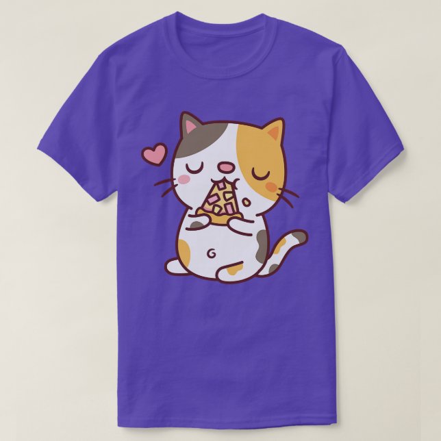 Cute Calico Cat Eating Pizza T-Shirt (Design Front)