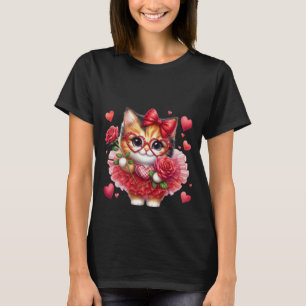 Cute Calico Cat Heart Glasses & Red Rose Art🐱🌹 T-Shirt