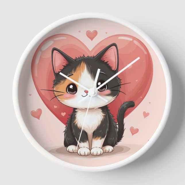 Cute Calico Cat Heart Kawaii Valentine’s Art Clock (Front)