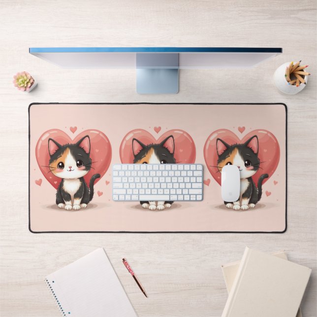 Cute Calico Cat Heart Kawaii Valentine’s Art Desk Mat (Office 1)