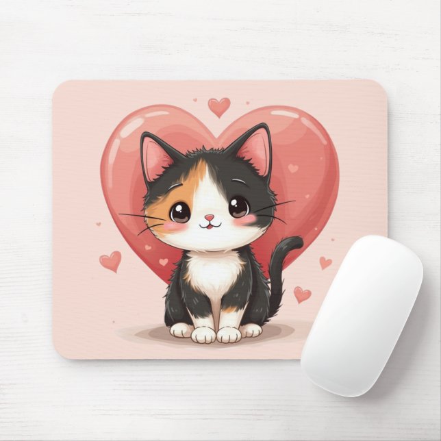 Cute Calico Cat Heart Kawaii Valentine’s Art Mouse Mat (With Mouse)
