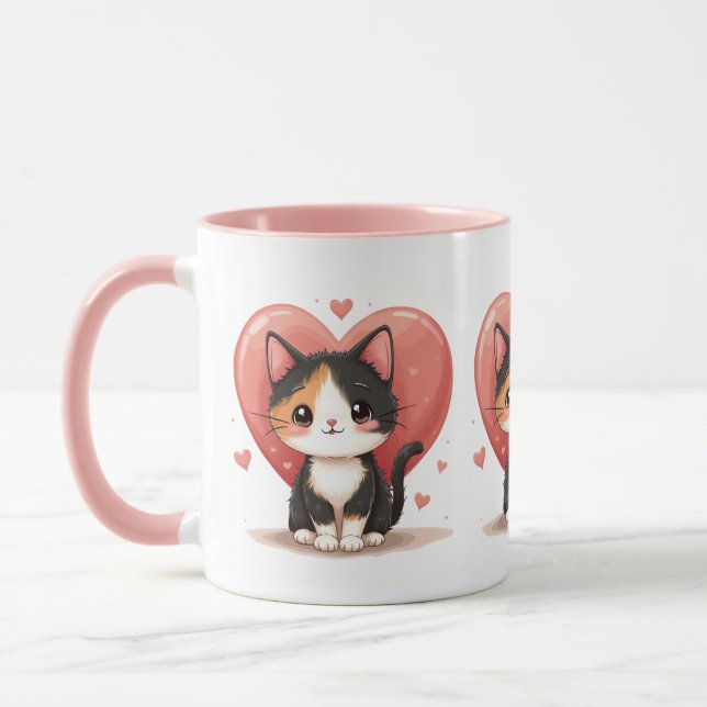 Cute Calico Cat Heart Kawaii Valentine’s Art Mug (Left)