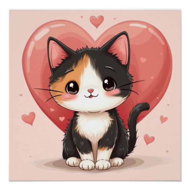 Cute Calico Cat Heart Kawaii Valentine’s Art Poster (Front)
