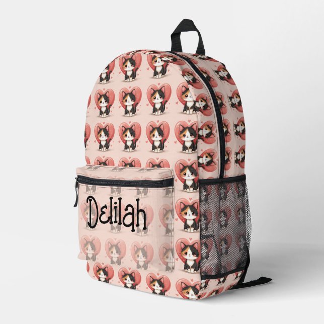 Cute Calico Cat Heart Kawaii Valentine’s Art Printed Backpack (Back Corner Right)