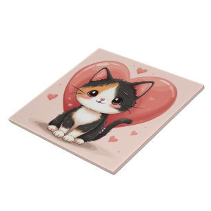 Cute Calico Cat Heart Kawaii Valentine’s Art Tile