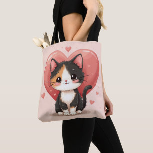 Cute Calico Cat Heart Kawaii Valentine’s Art Tote Bag