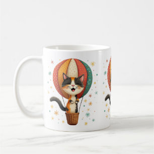 Cute Calico Cat in Hot Air Balloon Whimsical Art Coffee Mug