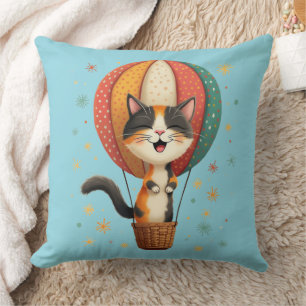 Cute Calico Cat in Hot Air Balloon Whimsical Art Cushion