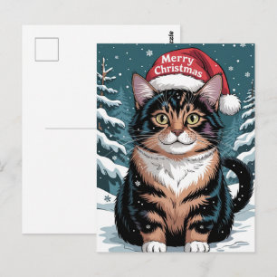 Cute Calico Cat Santa Hat Merry Christmas Winter   Postcard