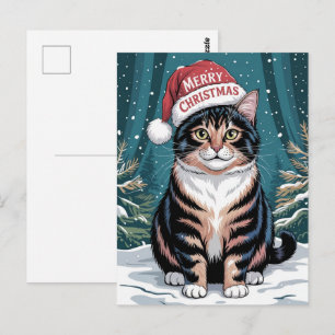 Cute Calico Cat Santa Hat Merry Christmas Winter   Postcard