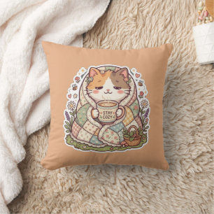 Cute Calico Cat Stay Cosy Cottagecore Throw Pillow