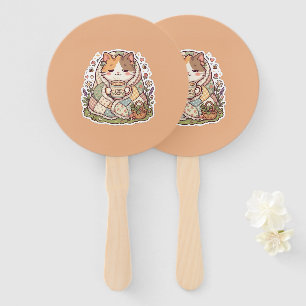 Cute Calico Cat Stay Cosy Cottagecore Wooden Hand Fan