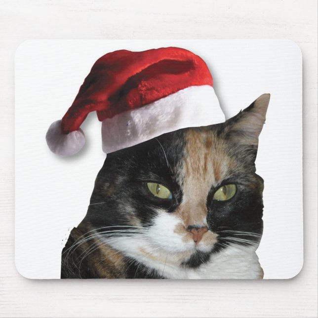 Cute Calico Cat Wearing Santa Hat Mouse Mat (Front)