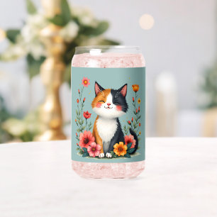 Cute Calico Cat with Floral Cottagecore Aesthetic Can Glass