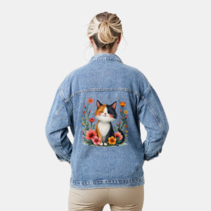 Cute Calico Cat with Floral Cottagecore Aesthetic Denim Jacket
