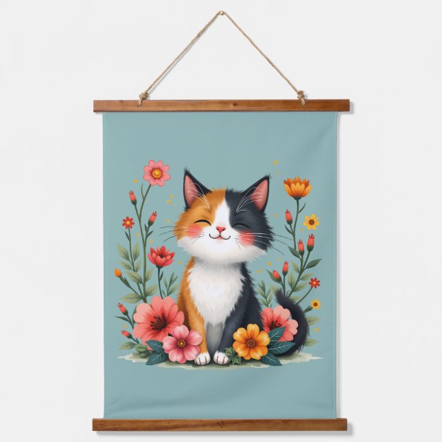 Cute Calico Cat with Floral Cottagecore Aesthetic Hanging Tapestry (Front)
