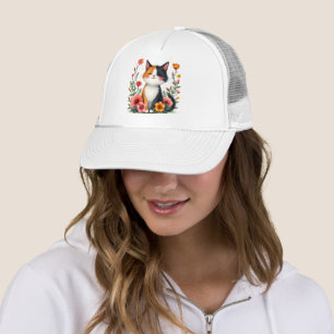 Cute Calico Cat with Floral Cottagecore Aesthetic Trucker Hat