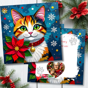 Cute Calico Cat with Poinsettias Custom Christmas Holiday Card