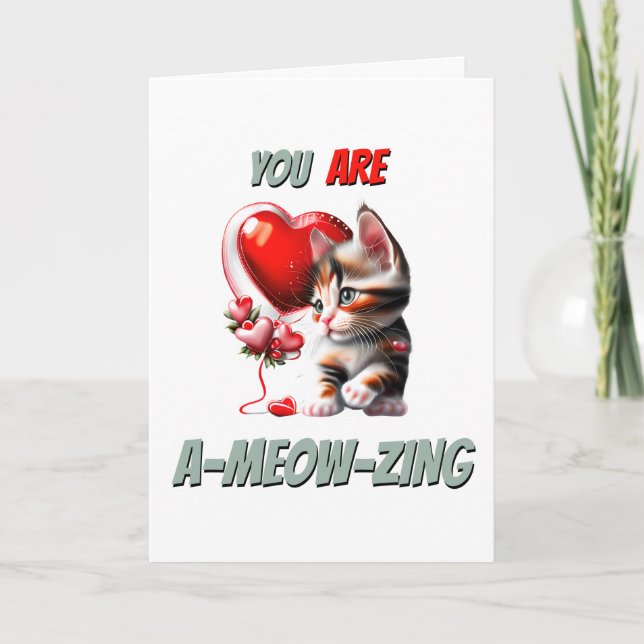 Cute calico kitten ameowzing red heart cat lovers holiday card (Front)
