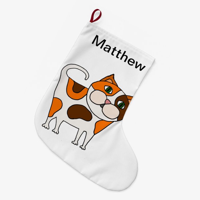 Cute Calico Kitty Cat Cartoon Large Christmas Stocking (Front (Hanging))