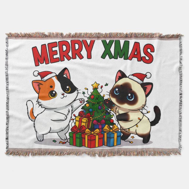 Cute Calico & Siamese Kitten Gift Throw Blanket (Front)