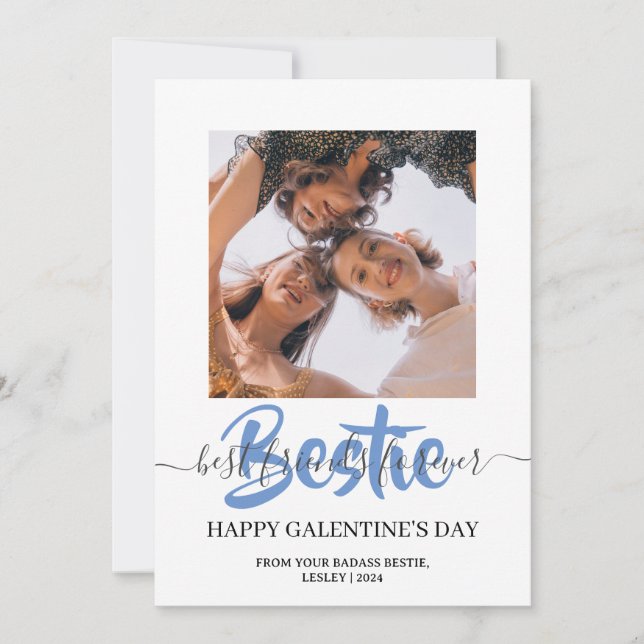 Cute Calligraphy Happy Galentines day bestie Photo Holiday Card (Front)