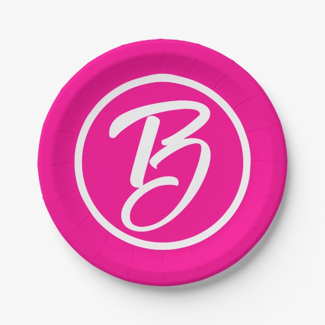 Cute Calligraphy Monogram Letter Hot Pink Paper Plate (Front)