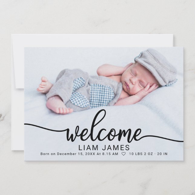 Cute Calligraphy Photo Birth Announcement Cards (Front)