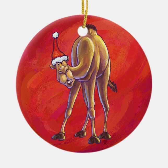 Cute Camel Christmas On Red Ceramic Tree Decoration (Front)