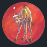 Cute Camel Christmas On Red Classic Round Sticker<br><div class="desc">Animal Parade Festive Camel in Santa Hat on Red Christmas Gifts and Decorations features our fun artwork of a cute tan brown camel decked out in a Santa hat against a textured red background digitally painted by our talented children's illustrator, Traci Van Wagoner. On the back of many of these...</div>