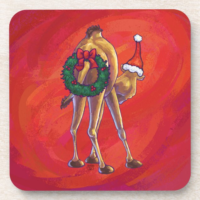 Cute Camel Christmas On Red Coaster (Front)