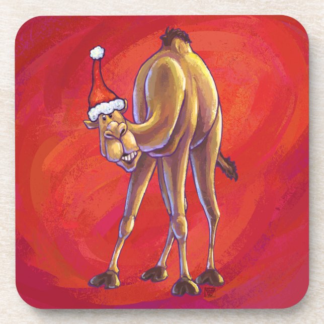 Cute Camel Christmas On Red Coaster (Front)