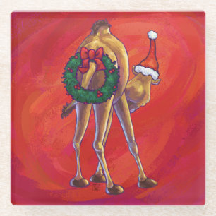 Cute Camel Christmas On Red Glass Coaster
