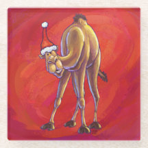 Cute Camel Christmas On Red Glass Coaster