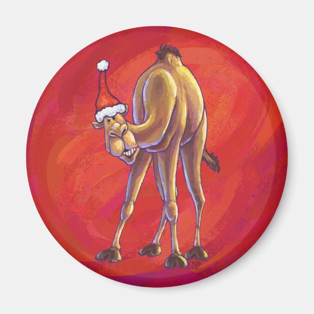 Cute Camel Christmas On Red Magnet (Front)
