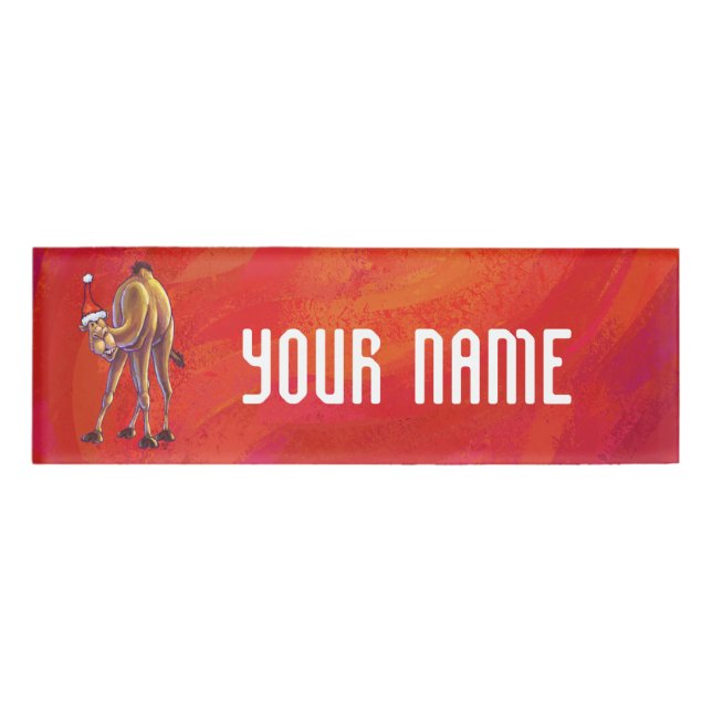 Cute Camel Christmas On Red Name Tag (Front)