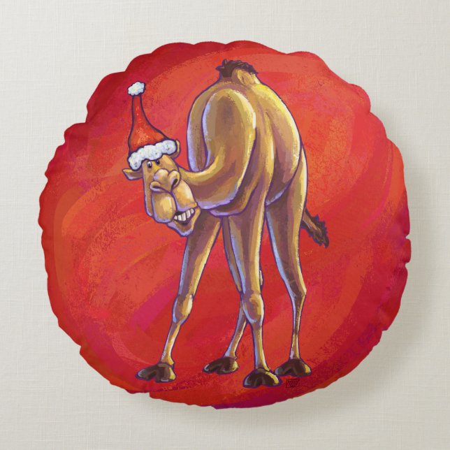 Cute Camel Christmas On Red Round Cushion (Front)