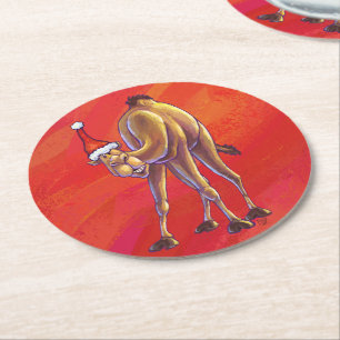 Cute Camel Christmas On Red Round Paper Coaster