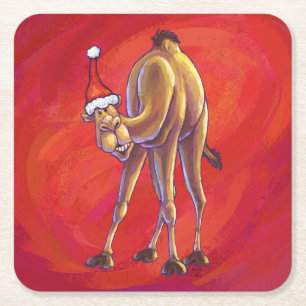 Cute Camel Christmas On Red Square Paper Coaster