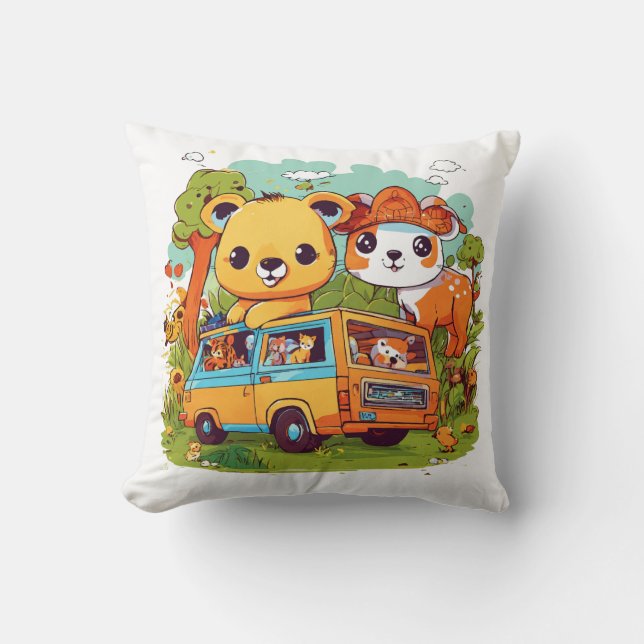Cute Camper Van Adventure Pillow for Kids (Front)