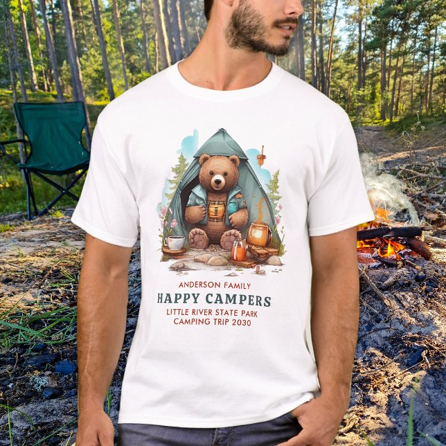Cute Camping Bear Personalised Happy Camper Trip T-Shirt (Creator Uploaded)