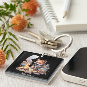 Cute camping fox lovers add name key ring