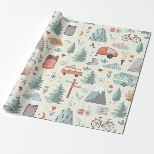 Cute Camping, Hiking, Ourdoors and Nature Theme Wrapping Paper (Unrolled)