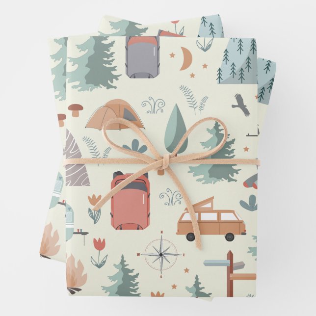 Cute Camping, Hiking, Ourdoors and Nature Theme Wrapping Paper Sheet (In situ)