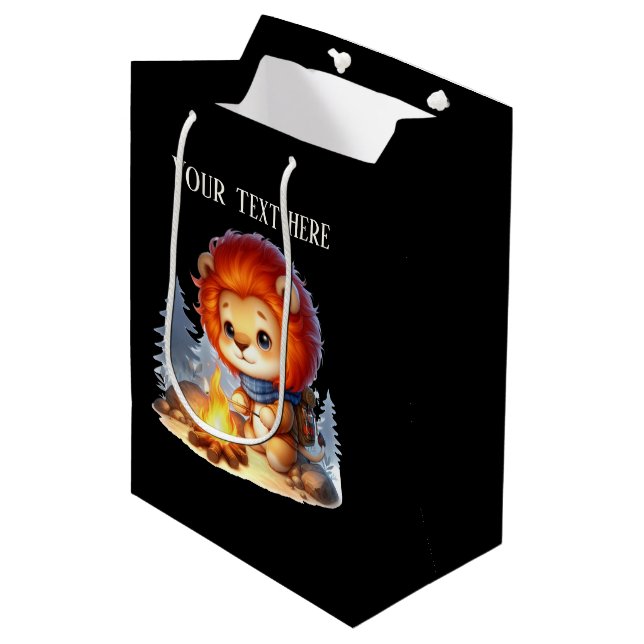 Cute camping lion add text  medium gift bag (Front Angled)