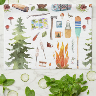 Cute Camping Pattern   Watercolor Illustrations Tea Towel